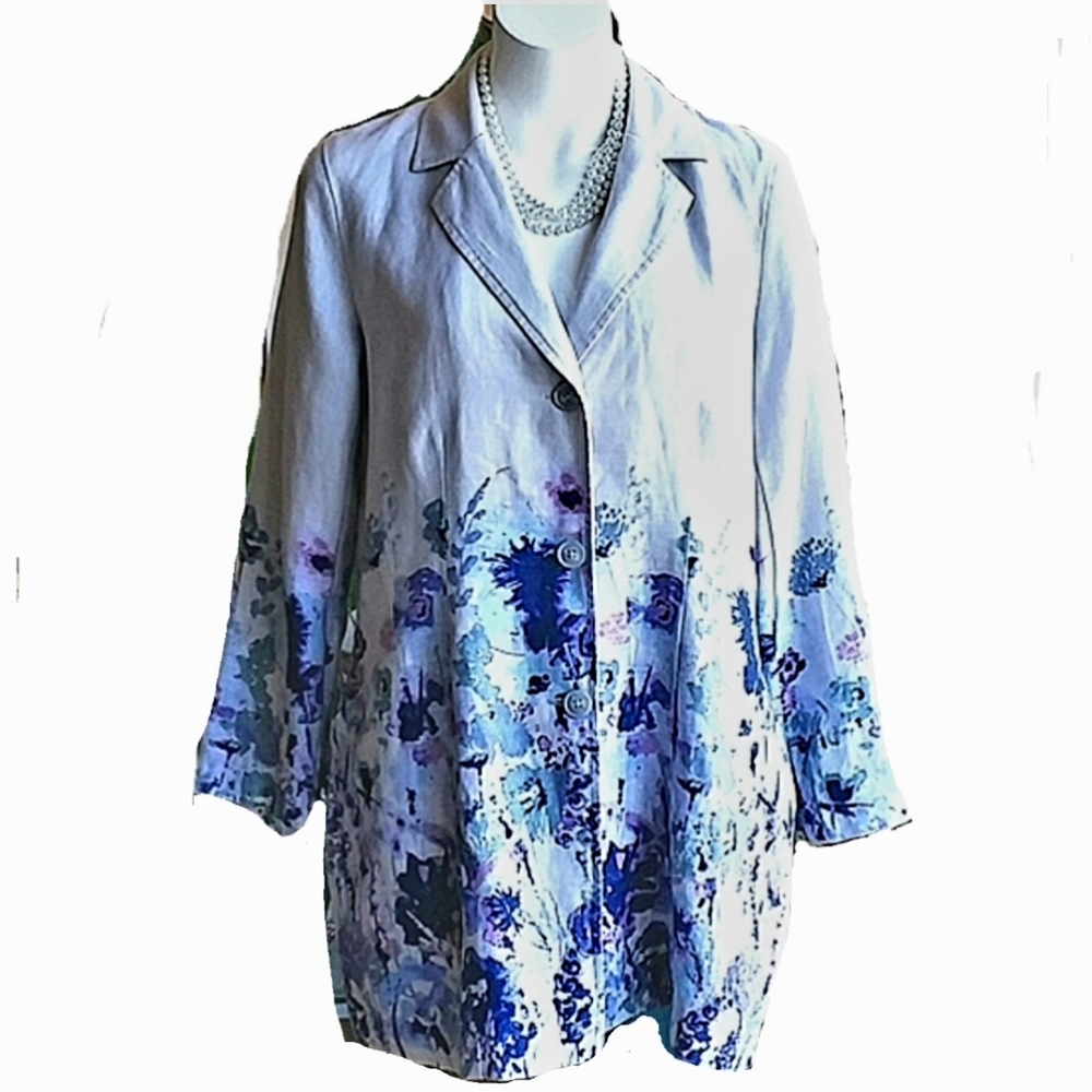 Coldwater Creek Floral 100% Linen Long BlazerJacket/Coat Size MP Spring Easter